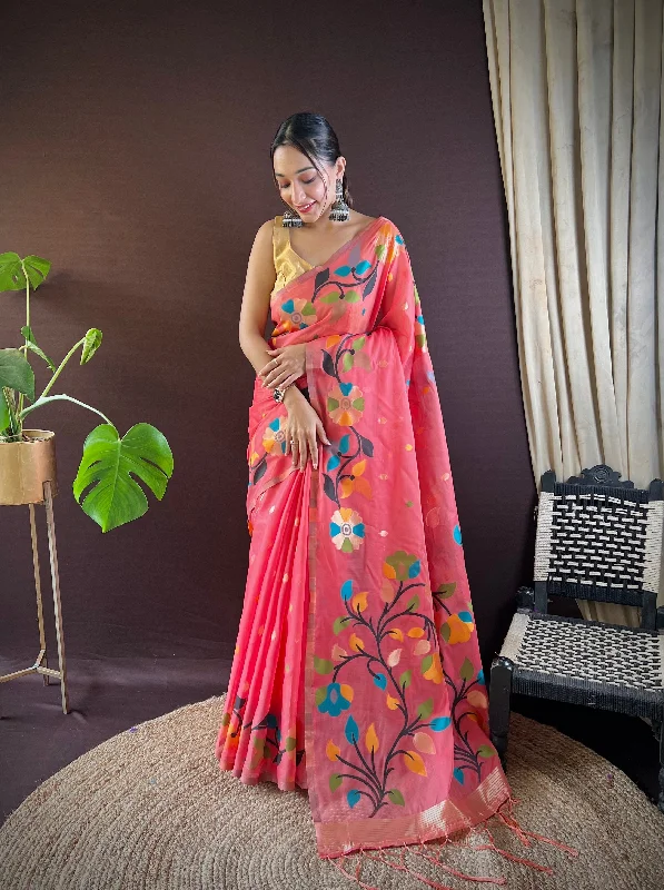 NOZ2TOZ Women's Party Wear Handloom Weaving Work Soft Cotton Saree With Unstitched Blouse - Peach Casual Relaxed Fit Blouse NOZ2TOZ Women's Party Wear Handloom Weaving Work Soft Cotton Saree With Unstitched Blouse - Peach Casual Relaxed Fit Blouse
