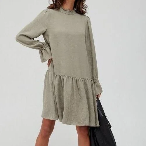 Khaki High Neck Dropped Hem Mini Dress Size 14 **** V522 Elegant Vintage Mini Dress