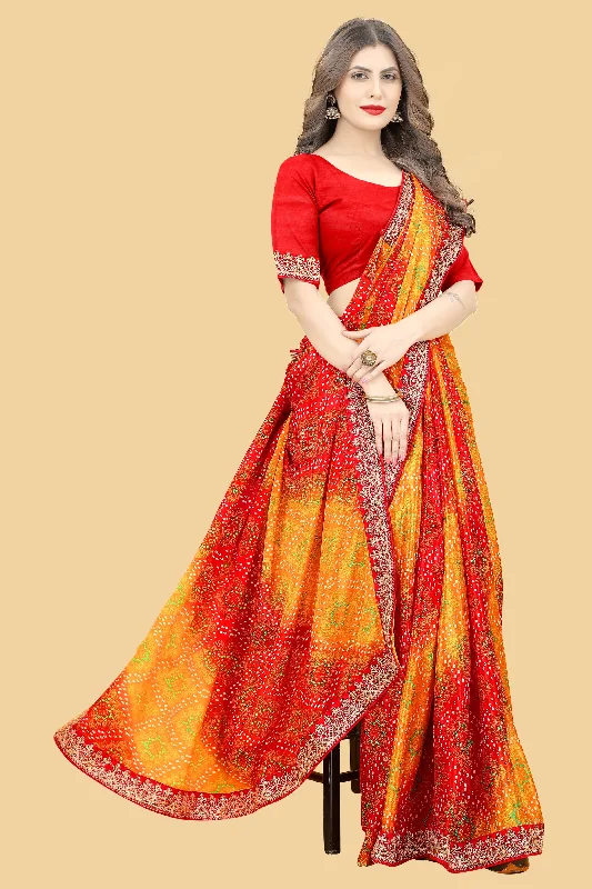 NOZ2TOZ Women's Party Wear Bandhej Print Chinon Saree Silk With Unstitched Blouse - Red Feminine Tie Blouse NOZ2TOZ Women's Party Wear Bandhej Print Chinon Saree Silk With Unstitched Blouse - Red Feminine Tie Blouse