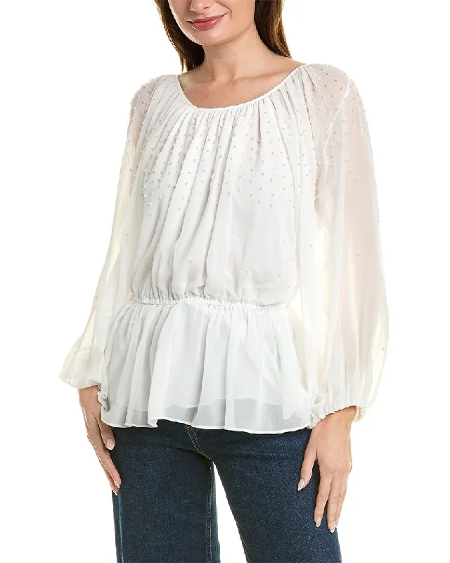 Elie Tahari Beaded Blouse Embroidered Floral Blouse