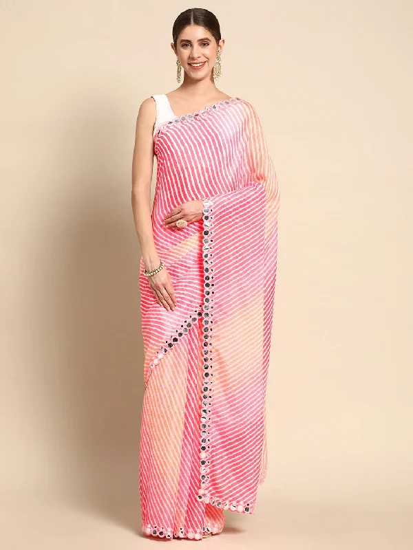 NOZ2TOZ Women's Party Wear Printed Chinon Saree With Unstitched Blouse - Pink Feminine Puff Blouse NOZ2TOZ Women's Party Wear Printed Chinon Saree With Unstitched Blouse - Pink Feminine Puff Blouse