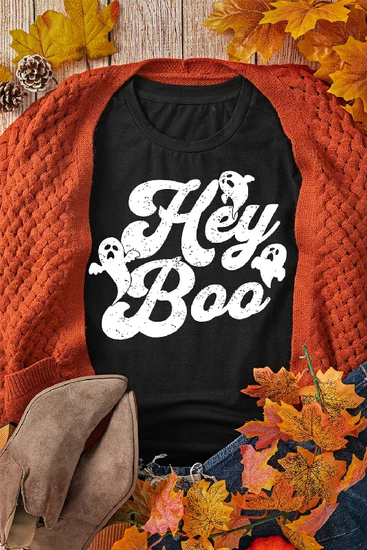 Black Halloween Hey Boo Ghost Print Crew Neck T Shirt-- Anti-Pilling Machine Wash Handmade