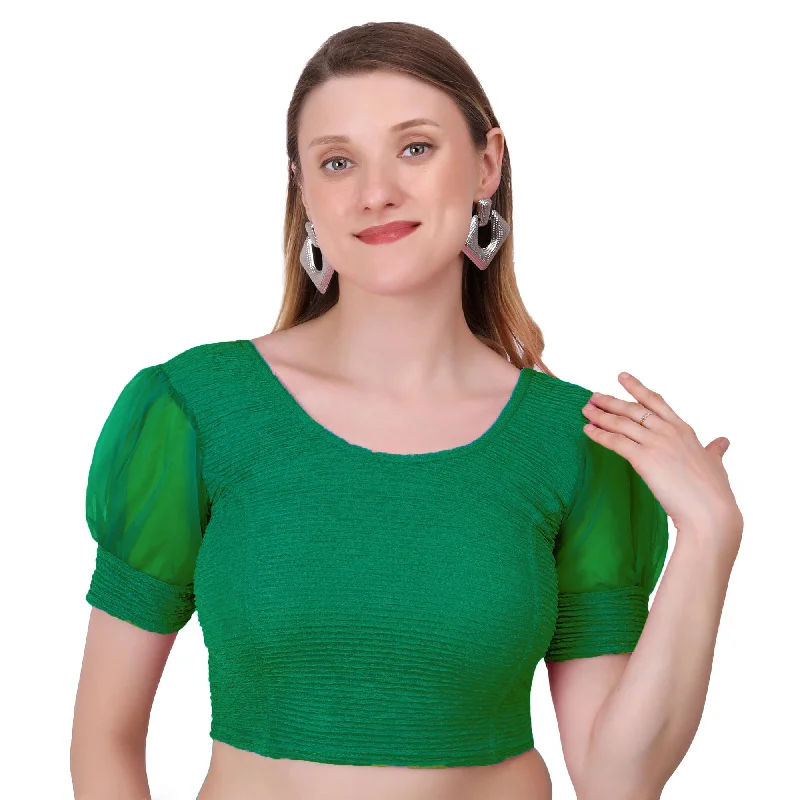 Vamika Cotton Lycra Stretchable Fabric Bottle Green Balloon Sleeves Blouse Drape Neck Blouse Vamika Cotton Lycra Stretchable Fabric Bottle Green Balloon Sleeves Blouse Drape Neck Blouse
