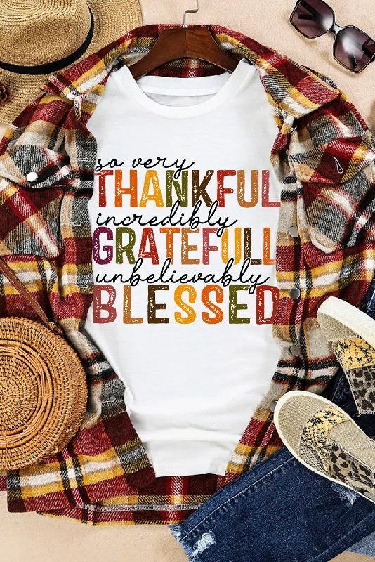 White Thanksgiving Slogan Print Crew Neck T Shirt-- Collared Crew Neck Turtle Neck