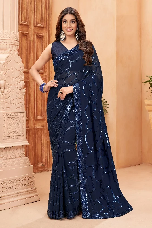 Sonakshi Women's Navy Blue Faux Blooming Sequins Work Designer Saree with Blouse Wrap Front Blouse Sonakshi Women's Navy Blue Faux Blooming Sequins Work Designer Saree with Blouse Wrap Front Blouse