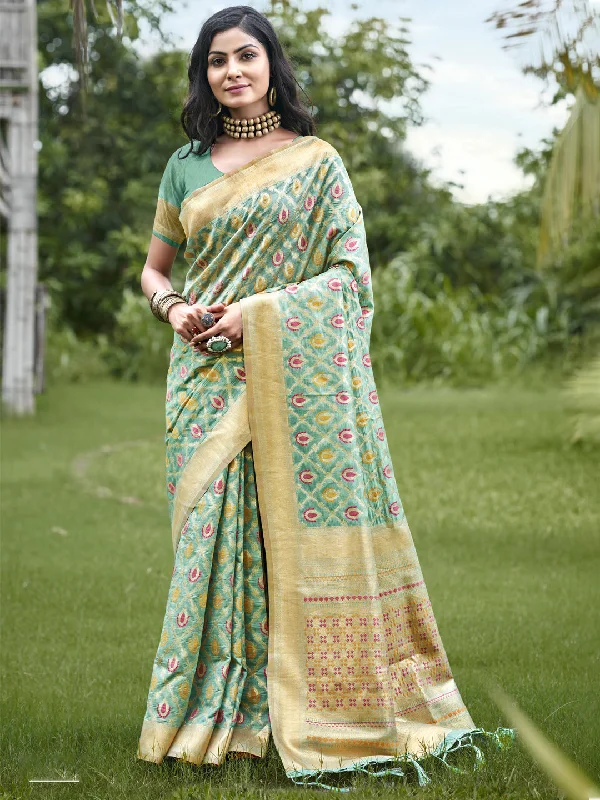 Women Teal Blue Organza Saree With Un Stitched Blouse - Aanika Delicate Bow Blouse
