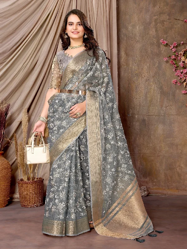 NOZ2TOZ Women's Party Wear Foil Print Khadi Silk Saree With Unstitched Blouse - Grey Everyday Stylish Blouse NOZ2TOZ Women's Party Wear Foil Print Khadi Silk Saree With Unstitched Blouse - Grey Everyday Stylish Blouse