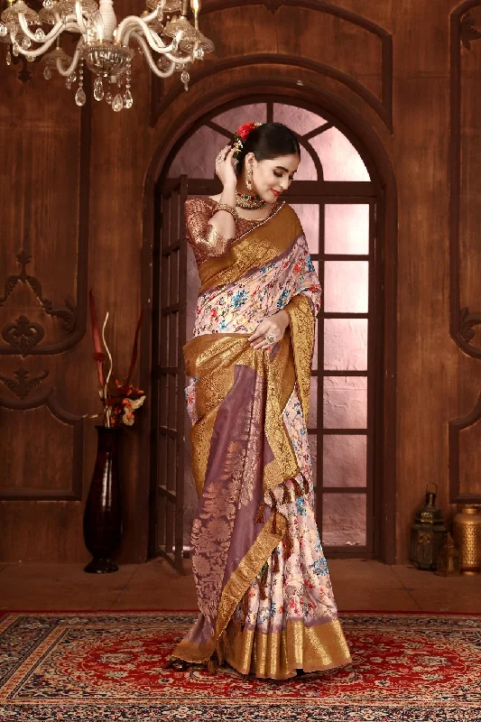 NOZ2TOZ Women's Party Wear Zari Handloom Silk Saree With Unstitched Blouse - Coffee Lightweight Chiffon Blouse