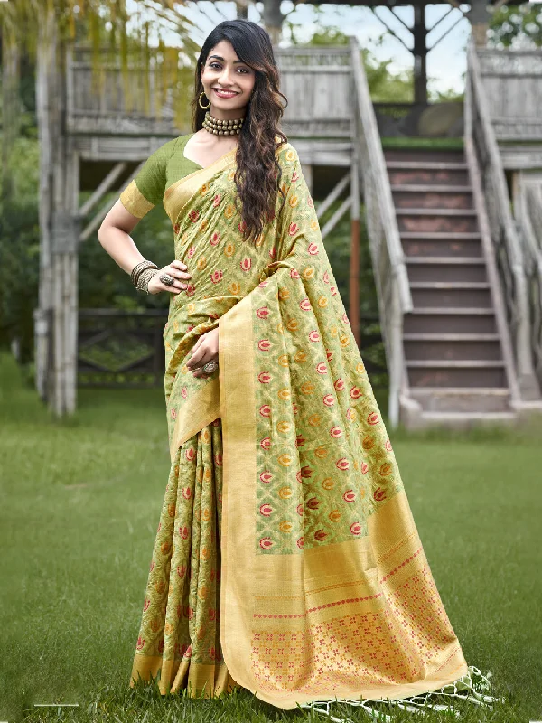 Women Olive Green Organza Saree With Un Stitched Blouse - Aanika Wrap Front Blouse