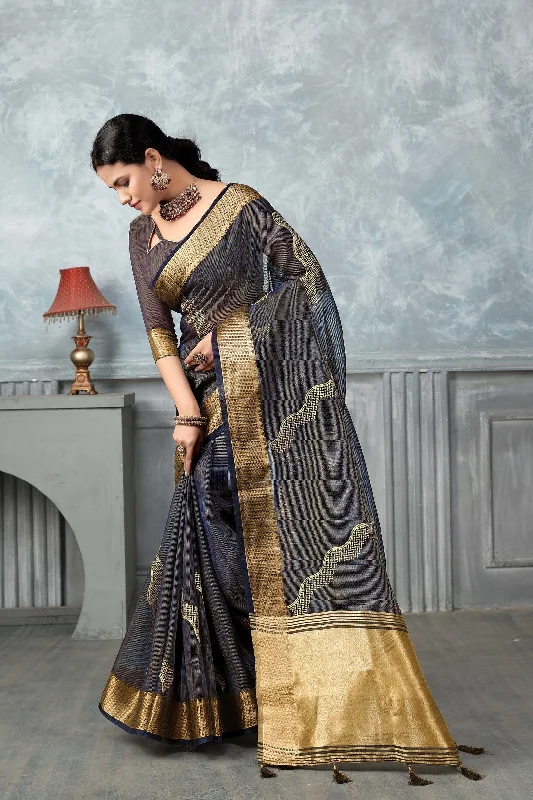 NOZ2TOZ Women's Party Wear Embroidery Worked Tissue Silk Saree With Unstitched Blouse - Navy Blue Classic Minimalist Blouse NOZ2TOZ Women's Party Wear Embroidery Worked Tissue Silk Saree With Unstitched Blouse - Navy Blue Classic Minimalist Blouse