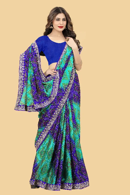 NOZ2TOZ Women's Party Wear Bandhej Print Chinon Saree Silk With Unstitched Blouse - Blue Double-Layered Blouse NOZ2TOZ Women's Party Wear Bandhej Print Chinon Saree Silk With Unstitched Blouse - Blue Double-Layered Blouse