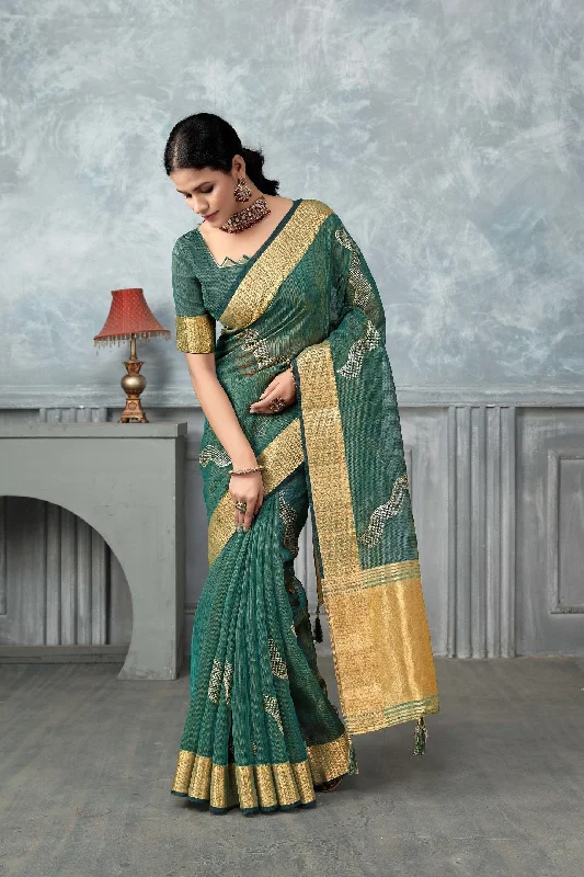 NOZ2TOZ Women's Party Wear Embroidery Worked Tissue Silk Saree With Unstitched Blouse - Rama Loose Oversized Blouse NOZ2TOZ Women's Party Wear Embroidery Worked Tissue Silk Saree With Unstitched Blouse - Rama Loose Oversized Blouse