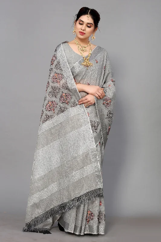 NOZ2TOZ Women's Party Wear Full Embroidery Worked Cotton Silk Saree With Unstitched Blouse - Grey Peter Pan Collar Blouse NOZ2TOZ Women's Party Wear Full Embroidery Worked Cotton Silk Saree With Unstitched Blouse - Grey Peter Pan Collar Blouse