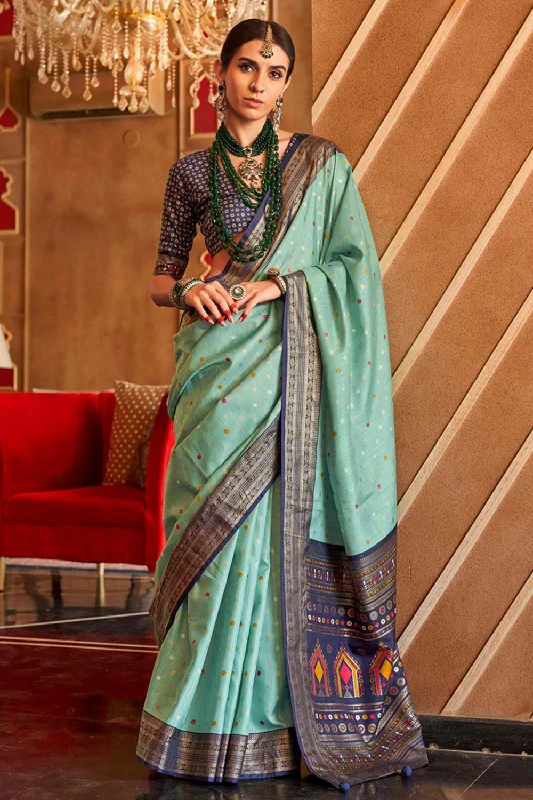 Turquoise Patola Silk Contemporary Saree With Unstitched Blouse Silky Draped Blouse