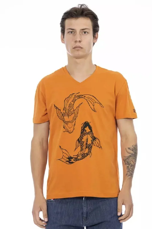 Orange Cotton Men T-shirt-- Mesh Blend Leather Blend Suede Blend