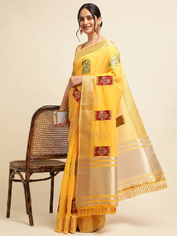 NOZ2TOZ Women's Party Wear Embroidery Worked Cotton Linen Saree With Unstitched Blouse - Yellow Everyday Stylish Blouse NOZ2TOZ Women's Party Wear Embroidery Worked Cotton Linen Saree With Unstitched Blouse - Yellow Everyday Stylish Blouse