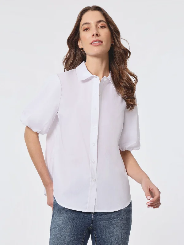 Plus Size Poplin Puff Sleeve Button Down Shirt-- Modern Contemporary Chic