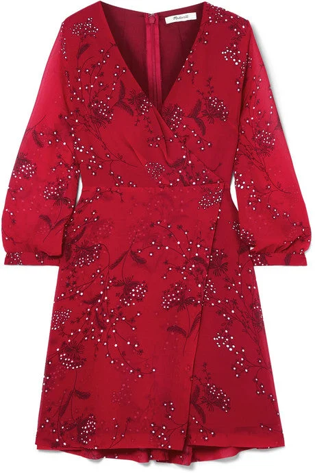 Wrap-effect floral-print crepe de chine mini dress Stylish Puff Sleeve Mini Dress