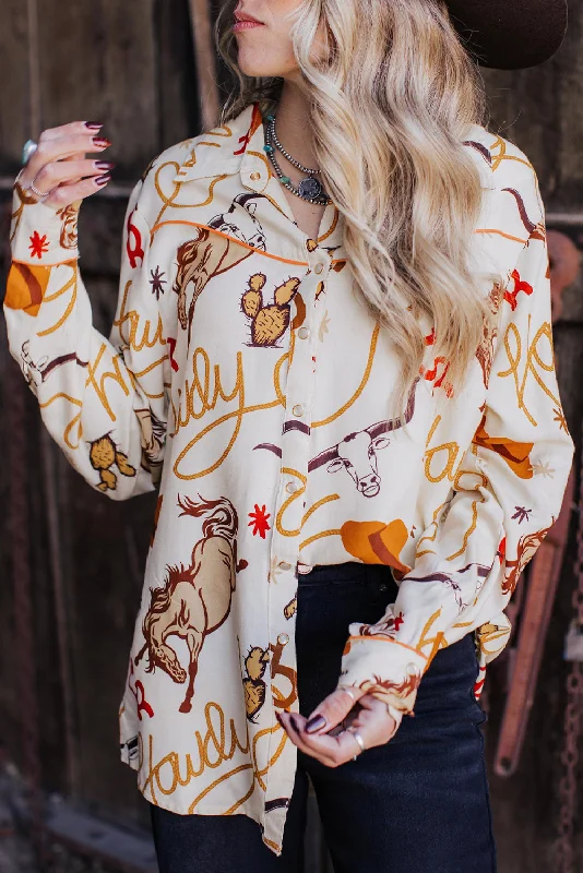 Beige howdy Western Patterns Button up Loose Shirt-- Front Pockets Side Pockets Patch Pockets Beige howdy Western Patterns Button up Loose Shirt-- Front Pockets Side Pockets Patch Pockets