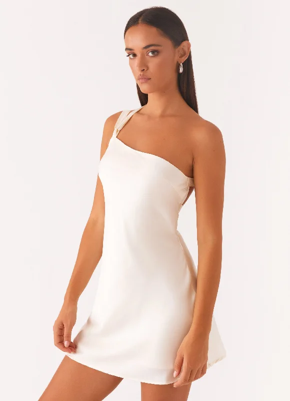 Lights Out Mini Dress - Pearl Cozy Satin Mini Dress