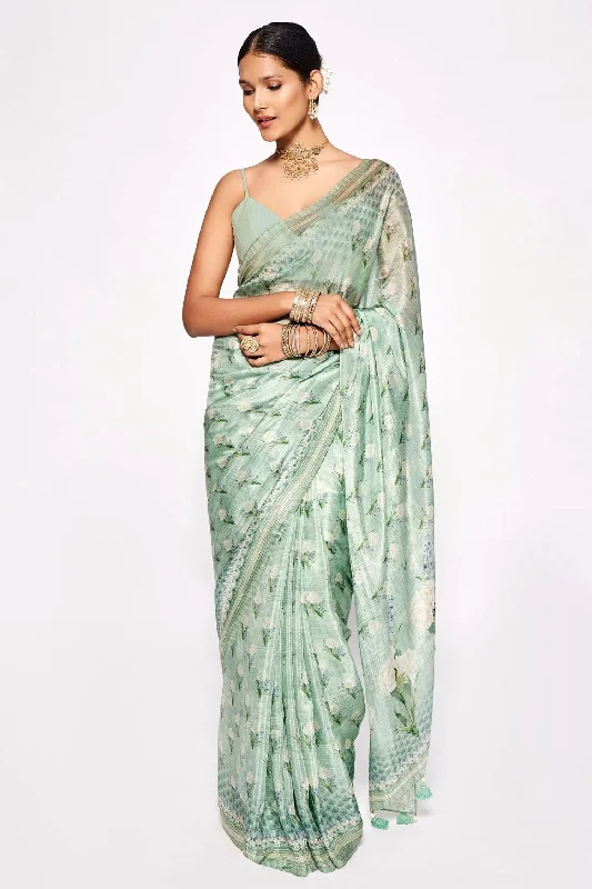 Sonakshi Sea Green Embroidery with Digital Printed Pure Chinon Designer Saree with Blouse Silky Tunic Blouse Sonakshi Sea Green Embroidery with Digital Printed Pure Chinon Designer Saree with Blouse Silky Tunic Blouse