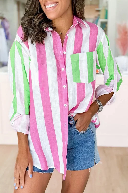 Rose Stripe Colorblock Chest Pocket Button up Shirt-- Solid Print Embellished