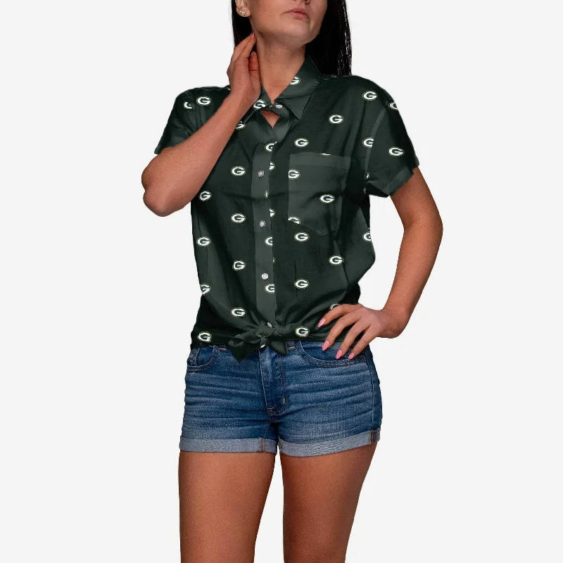Green Bay Packers Logo Blast Womens Button Up Shirt-- Beaded Sequined Faux Fur