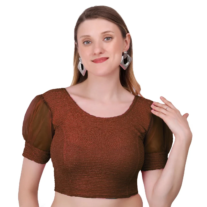 Vamika Cotton Lycra Stretchable Fabric Brown Balloon Sleeves Blouse Feminine Puff Blouse Vamika Cotton Lycra Stretchable Fabric Brown Balloon Sleeves Blouse Feminine Puff Blouse