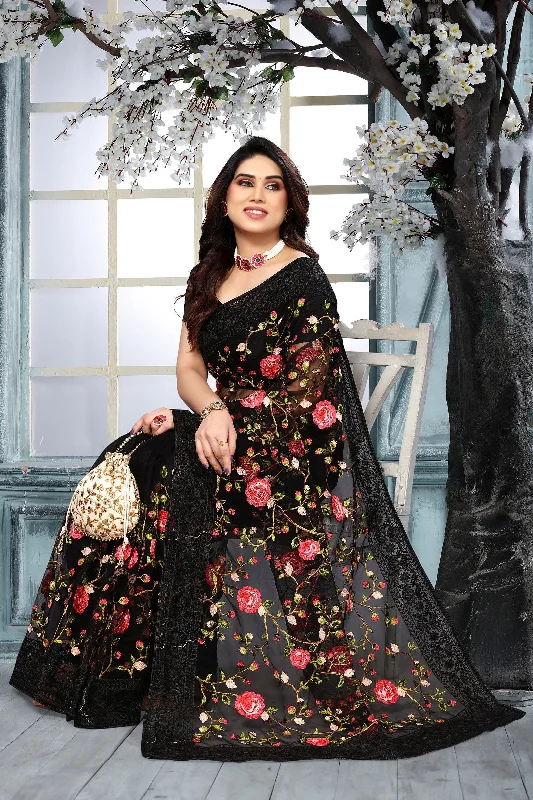NOZ2TOZ Women's Party Wear Embroidery Worked Soft Net Saree With Unstitched Blouse - Black Ruffled Neck Blouse NOZ2TOZ Women's Party Wear Embroidery Worked Soft Net Saree With Unstitched Blouse - Black Ruffled Neck Blouse