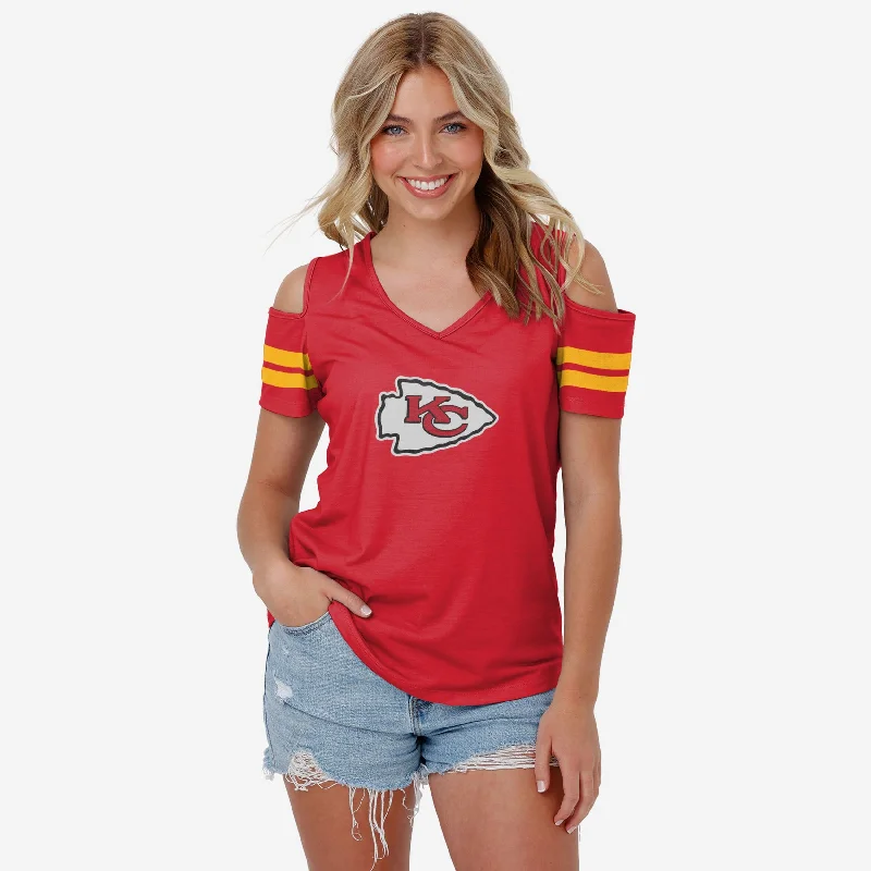 Kansas City Chiefs Womens Cold Shoulder T-Shirt-- Polka Dot Checkered Tartan
