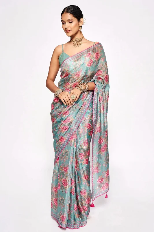 Sonakshi Teal Embroidery with Digital Printed Pure Chinon Designer Saree with Blouse Stretchy Fitted Blouse Sonakshi Teal Embroidery with Digital Printed Pure Chinon Designer Saree with Blouse Stretchy Fitted Blouse