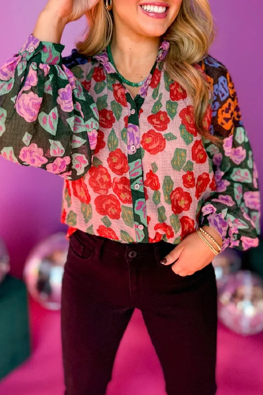 Red Colorblock Floral Printed Puff Sleeve Shirt-- Hooded Caped Shawl Collar