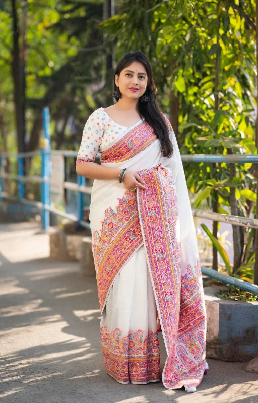 NOZ2TOZ Women's Party Wear Weaving Work Kashmiri Cotton Saree With Unstitched Blouse - White Wrap Front Blouse NOZ2TOZ Women's Party Wear Weaving Work Kashmiri Cotton Saree With Unstitched Blouse - White Wrap Front Blouse