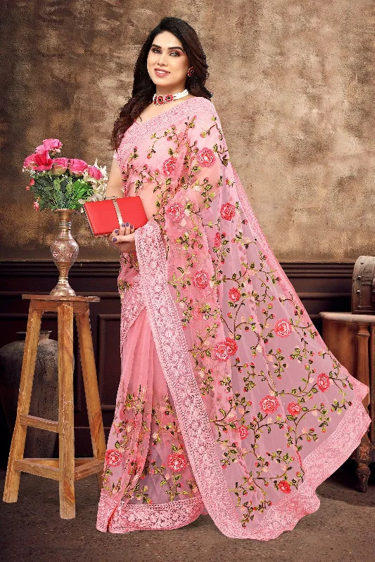 NOZ2TOZ Women's Party Wear Embroidery Worked Soft Net Saree With Unstitched Blouse - Pink Modern Oversized Blouse NOZ2TOZ Women's Party Wear Embroidery Worked Soft Net Saree With Unstitched Blouse - Pink Modern Oversized Blouse