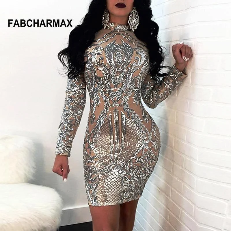 Silver Sequin Bodycon Sleeve Sheath High Neck With Glitter Party Evening Mini Dress Stylish Floral Print Mini Dress Silver Sequin Bodycon Sleeve Sheath High Neck With Glitter Party Evening Mini Dress Stylish Floral Print Mini Dress
