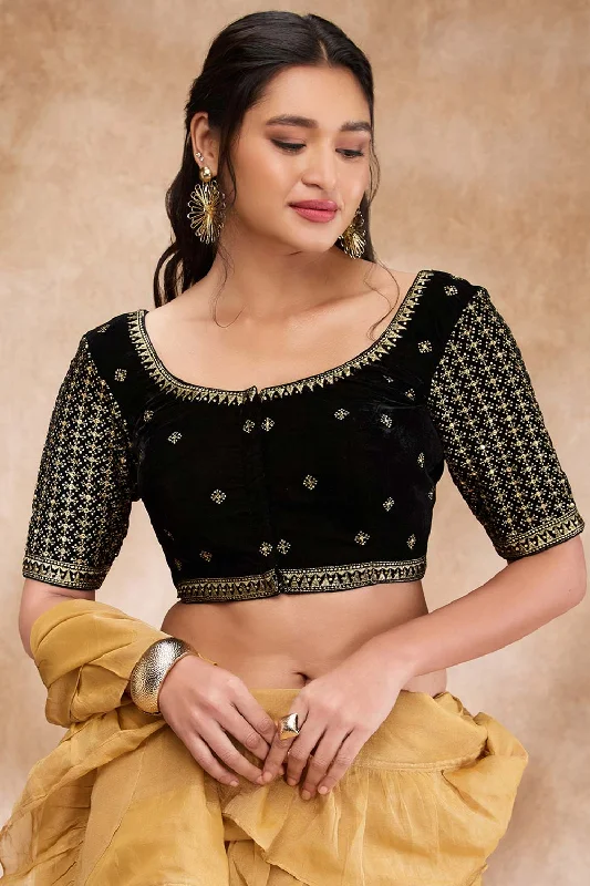 Black Velvet Embroidered Elbow Sleeve Blouse Elegant Office Blouse