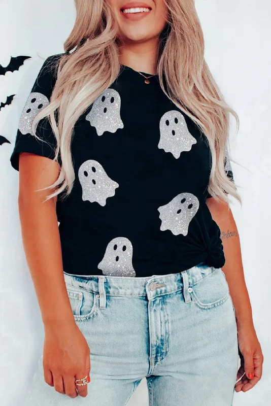 Black Glitter Ghost Pattern Crew Neck Halloween T Shirt-- Spandex Blend Rayon Blend Denim Blend Black Glitter Ghost Pattern Crew Neck Halloween T Shirt-- Spandex Blend Rayon Blend Denim Blend