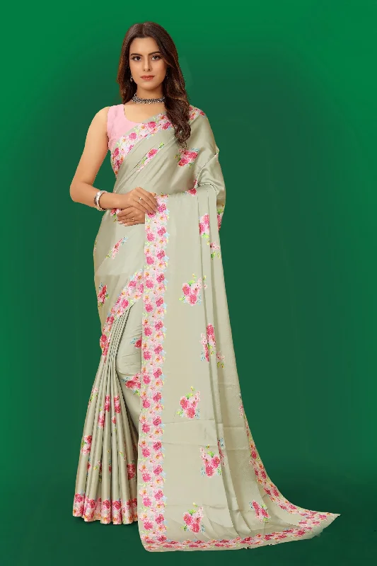 Sonakshi Women's Multicolor Pure Japan Satin Digital Printed Designer Saree with Blouse Elegant Lace Blouse Sonakshi Women's Multicolor Pure Japan Satin Digital Printed Designer Saree with Blouse Elegant Lace Blouse