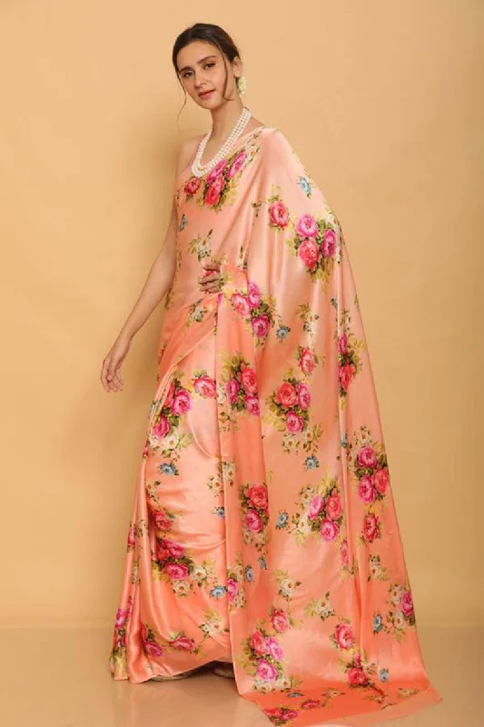Sonakshi Peach Digital Printed Pure Japan Satin Saree with Blouse Loose Oversized Blouse Sonakshi Peach Digital Printed Pure Japan Satin Saree with Blouse Loose Oversized Blouse