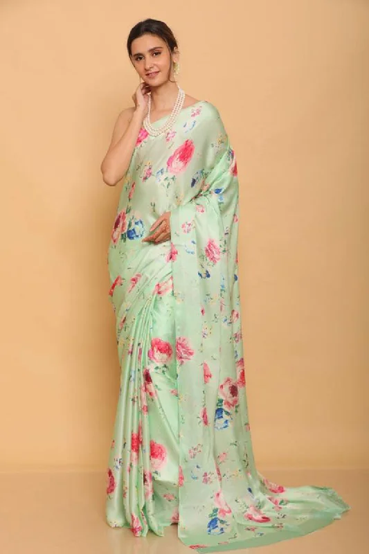 Sonakshi Sea Green Digital Printed Pure Japan Satin Saree with Blouse Balloon Sleeve Blouse Sonakshi Sea Green Digital Printed Pure Japan Satin Saree with Blouse Balloon Sleeve Blouse