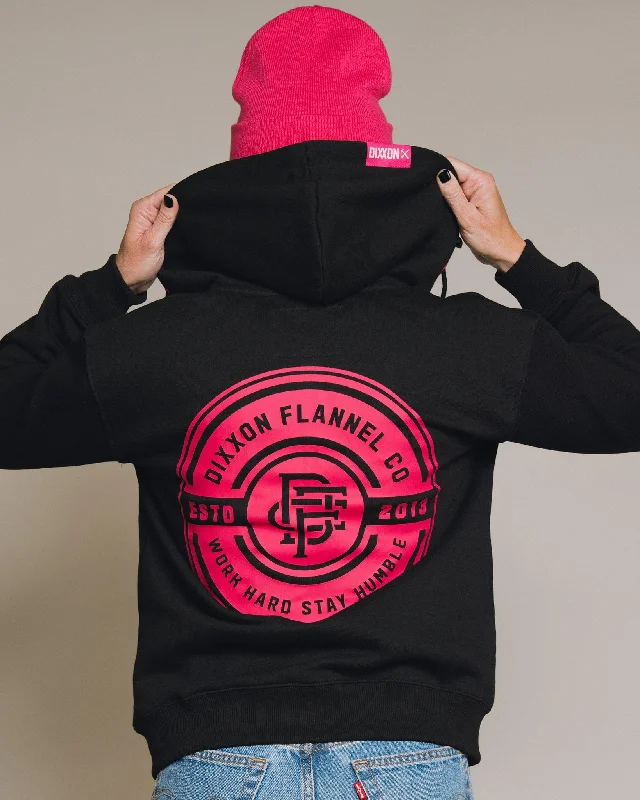 Women's Pink Work Hard Badge Zip Up Hoodie - Black Hoodie with Stripes Bold Sporty