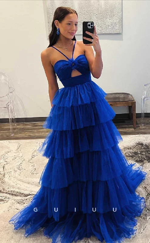 G4432 - Classic & Timeless Blue A-Line Strapless Halter Tulle Tiered Open Back Long Sweep Prom Party Dress Tunics Leisure comfortable G4432 - Classic & Timeless Blue A-Line Strapless Halter Tulle Tiered Open Back Long Sweep Prom Party Dress Tunics Leisure comfortable
