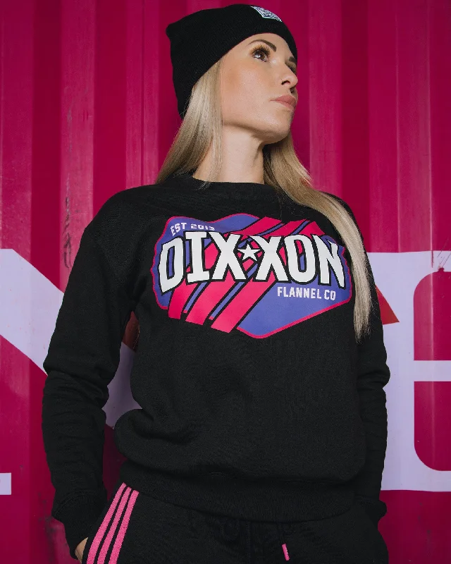 Women's Pink Stripes Crewneck Sweatshirt - Black Hoodie with Patch Decorative Personalized