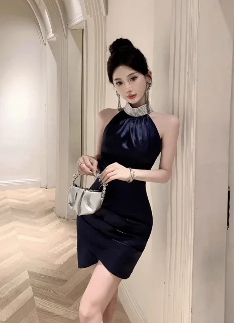 Stylish Sleeveless Dark Blue Dress with Asymmetric Hem Tunics Polka dots
