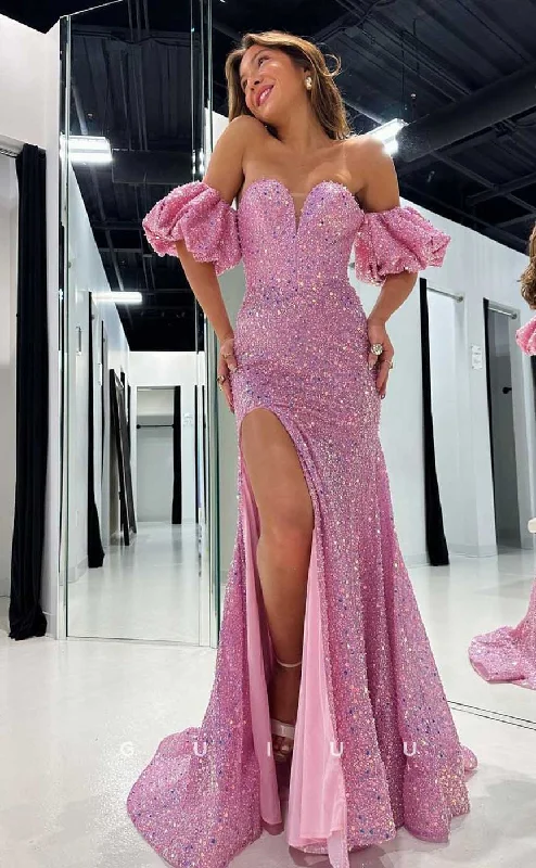 G4441 - Chic & Modern Pink Column Off-Shoulder Allover Beaded Long Prom Party Dresss with Slit Tunics Fleece cozy G4441 - Chic & Modern Pink Column Off-Shoulder Allover Beaded Long Prom Party Dresss with Slit Tunics Fleece cozy