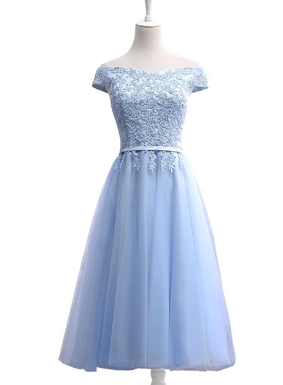 Light Blue Tea Length Off Shoulder Party Dress, Blue Bridesmaid Dress Tunics Sophisticated sleek Light Blue Tea Length Off Shoulder Party Dress, Blue Bridesmaid Dress Tunics Sophisticated sleek