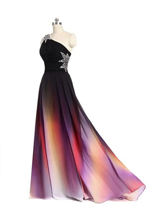 One Shoulder Beaded Gradient Chiffon Long Party Dress, Gradient Formal Gowns Tunics Modern contemporary