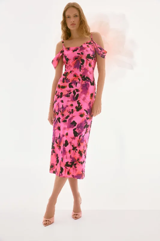 Joseph Ribkoff Signature | Satin Floral Sheath Dress with Cold Shoulder Tunics Fleece cozy Joseph Ribkoff Signature | Satin Floral Sheath Dress with Cold Shoulder Tunics Fleece cozy
