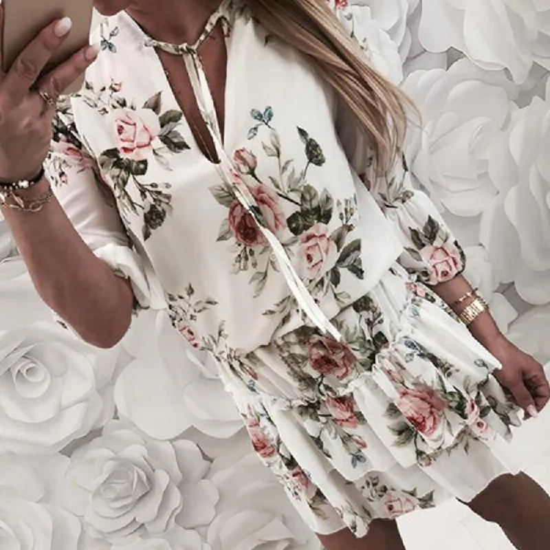 LAAMEI 2019 Layered Ruffle Women Summer Mini Dress Casual Embroidery Cotton White Dress Female V-neck Loose Short Dresses Ladies Fashionable Summer Mini Dress