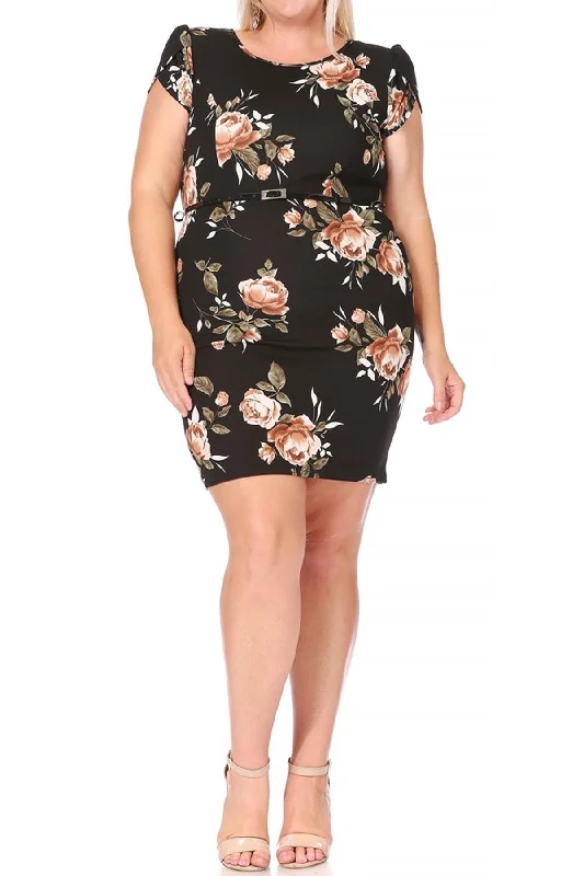 Women's Elegant Plus Size Floral Pencil Work Dresses Short Sleeve Round Neck with Belt Tunics Floral girly Women's Elegant Plus Size Floral Pencil Work Dresses Short Sleeve Round Neck with Belt Tunics Floral girly